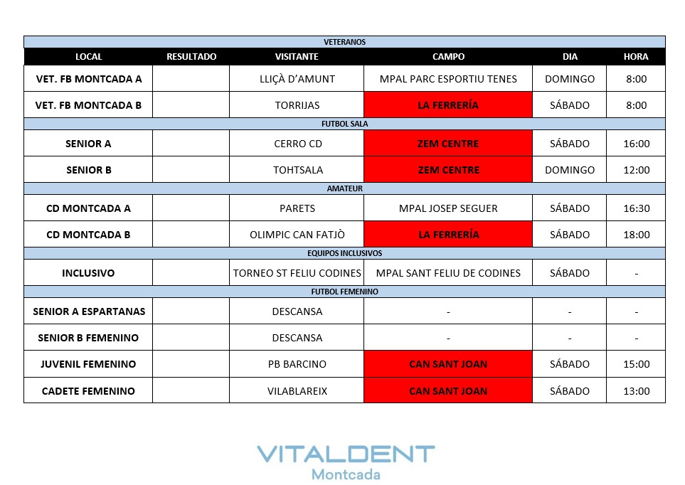 fbmontcada's tweet photo. ⚽ Vitaldent Montcada patrocina los partidos de este fin de semana del 21 y 22 de septiembre.

#orgullodeMontcada https://t.co/nbCpkDgZIF