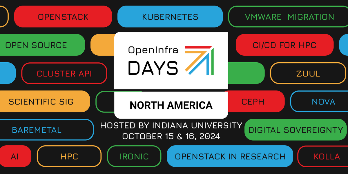 Join us on October 15 &amp; 16 at Indiana University in Indianapolis for #OpenInfra Days North America! 

OpenInfra Days North America
🗓 October 15 &amp; 16, 2024
📍 IU Indianapolis Campus Center
🎟️ Register: ittraining.iu.edu/explore-topics…
🎤 Schedule: oidiu2024.sched.com