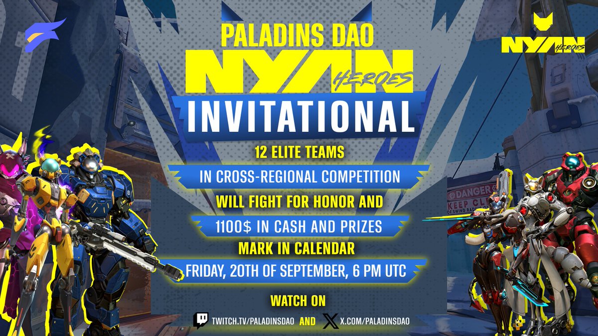 PaladinsDao's tweet photo. Paladins, get ready to dominate the Battledome in @nyanheroes!

12 elite teams will battle it out for honor and victory!

When: 20th of September, 6 PM UTC
Prizes: $1,100 Prize Pool in cash and prizes
Format: Qualifiers Single Elimination, Double-Elimination Finals

Watch the action here on X or on Twitch: https://t.co/cSrmKzlcsX

Battle for Nekovia coming!