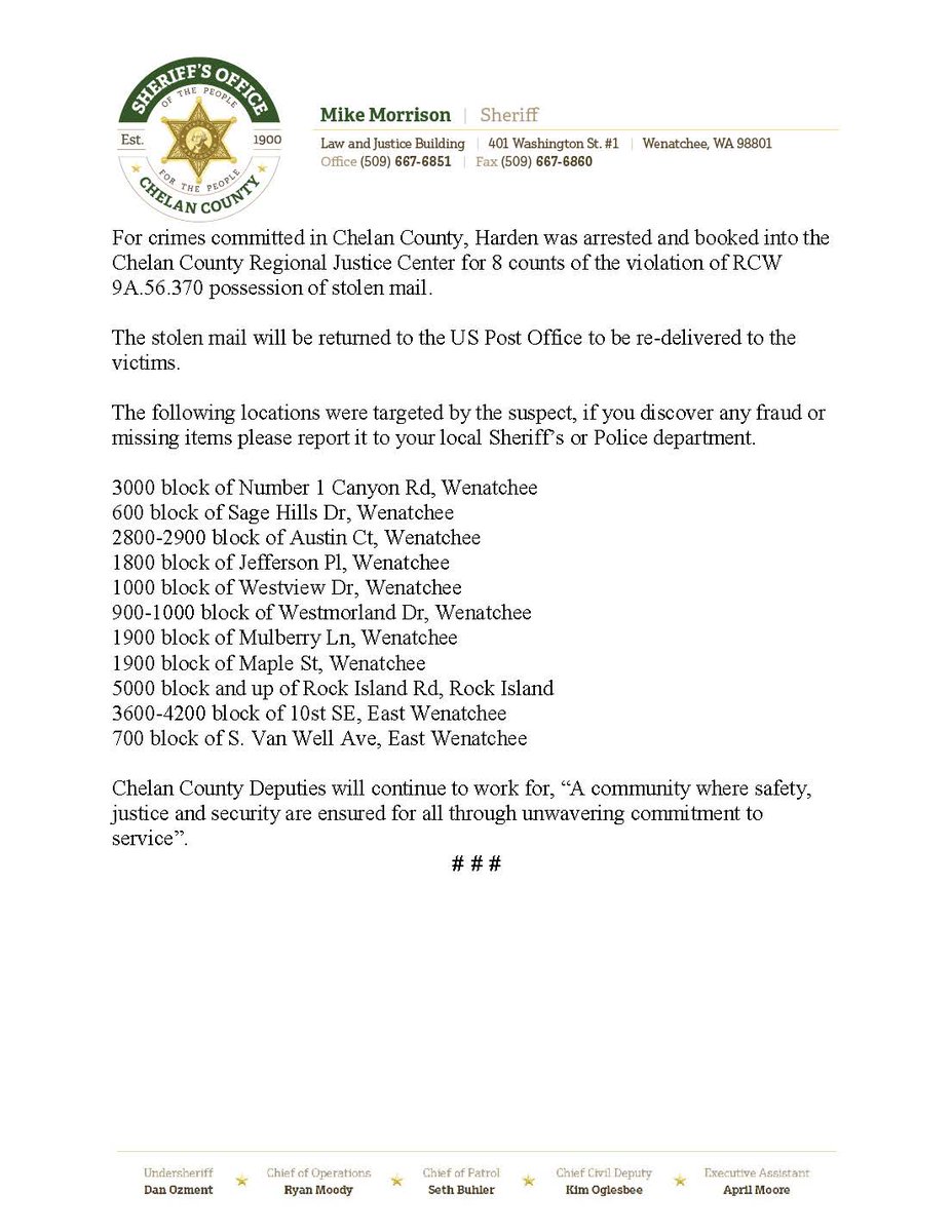 **Chelan County Sheriff's Office Media Release**