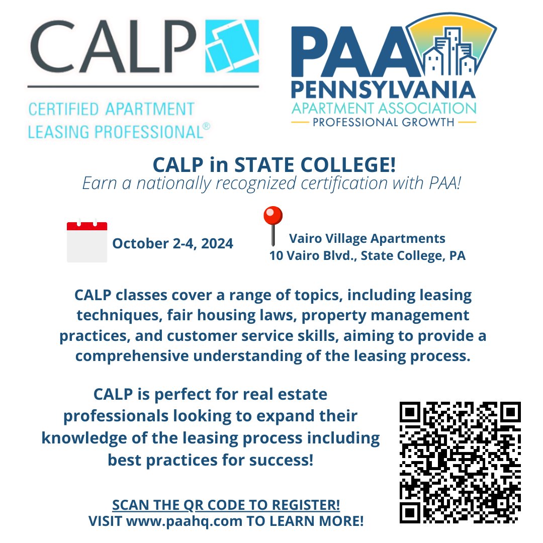 Join us for our upcoming CALP class in State College! This program encourages participants to consider the leasing process from different perspectives, emphasizing the importance of professionalism, relevant laws, effective sales techniques and more!

paahq.com/events/certifi…