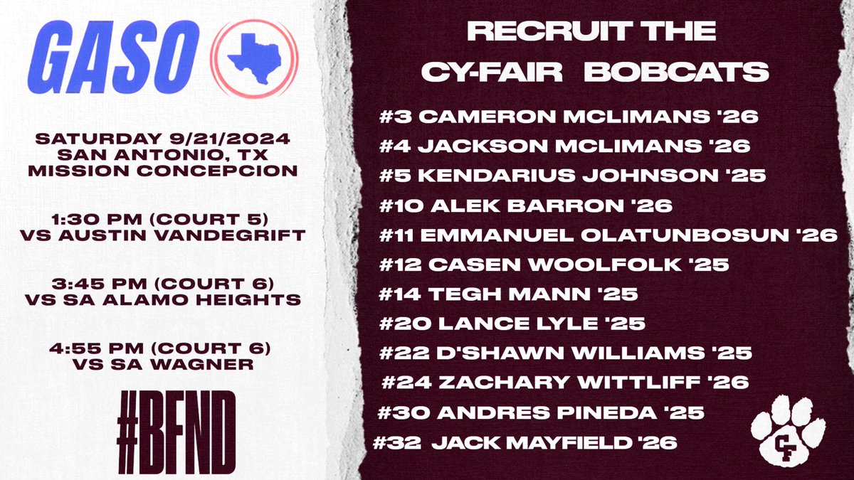 Here’s our schedule and roster for the #GASOfallTour in San Antonio, Texas this weekend! 

🏟️ Mission Conception 
🎟 greatamericanshootout.simpletix.com 

𝙇𝙞𝙫𝙚 𝙎𝙩𝙧𝙚𝙖𝙢
💻 <a href="/BallerTV/">BallerTV</a>
🔗ballertv.com/events/gaso-fa…

#BFNDbasketball 🏀🐾