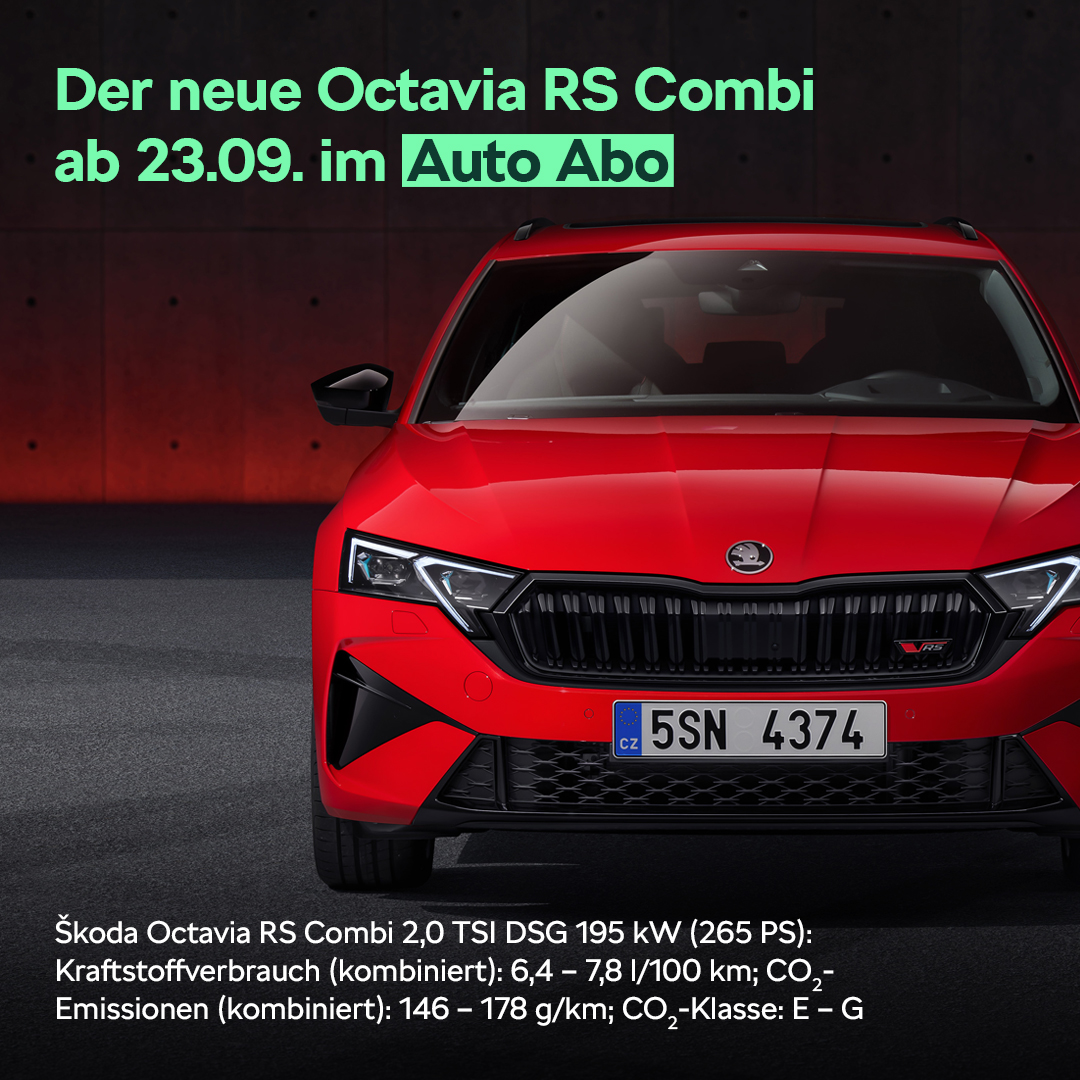 Ab dem 24.09. ist der neue Octavia RS Combi im Auto Abo verfügbar! 🚀

Škoda Octavia RS Combi 2,0 TSI DSG 195 kW (265 PS): Kraftstoffverbrauch (kombiniert): 6,4 – 7,8 l/100 km; CO2-Emissionen (kombiniert): 146 – 178 g/km; CO2-Klasse: E – G

#octavia #octaviars #skoda #autoabo