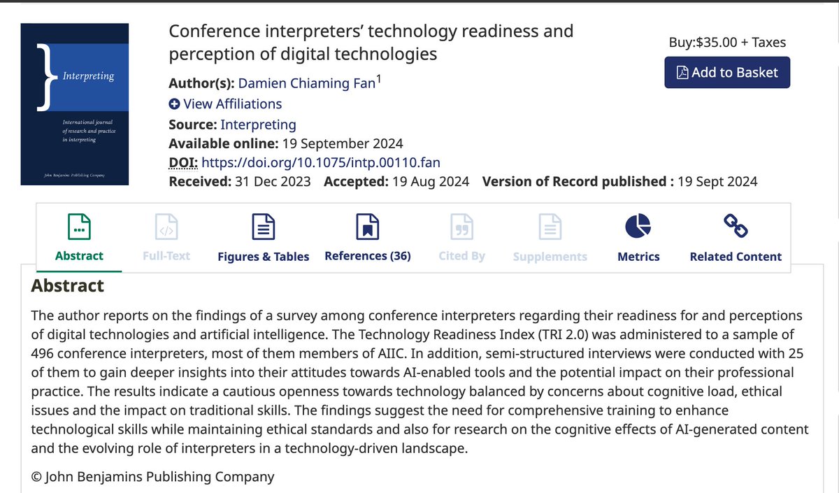 Interpreting / Journal of Interpreting Studies (@interpretingj) on Twitter photo New <a href="/InterpretingJ/">Interpreting / Journal of Interpreting Studies</a>
"Conference interpreters’ technology readiness and perception of digital technologies"
Author: Damien Chiaming Fan
doi.org/10.1075/intp.0…
#InterpretingTechnology #TechnologyReadiness #ConferenceInterpreting #AI @aiiconline New <a href="/InterpretingJ/">Interpreting / Journal of Interpreting Studies</a>
"Conference interpreters’ technology readiness and perception of digital technologies"
Author: Damien Chiaming Fan
doi.org/10.1075/intp.0…
#InterpretingTechnology #TechnologyReadiness #ConferenceInterpreting #AI @aiiconline