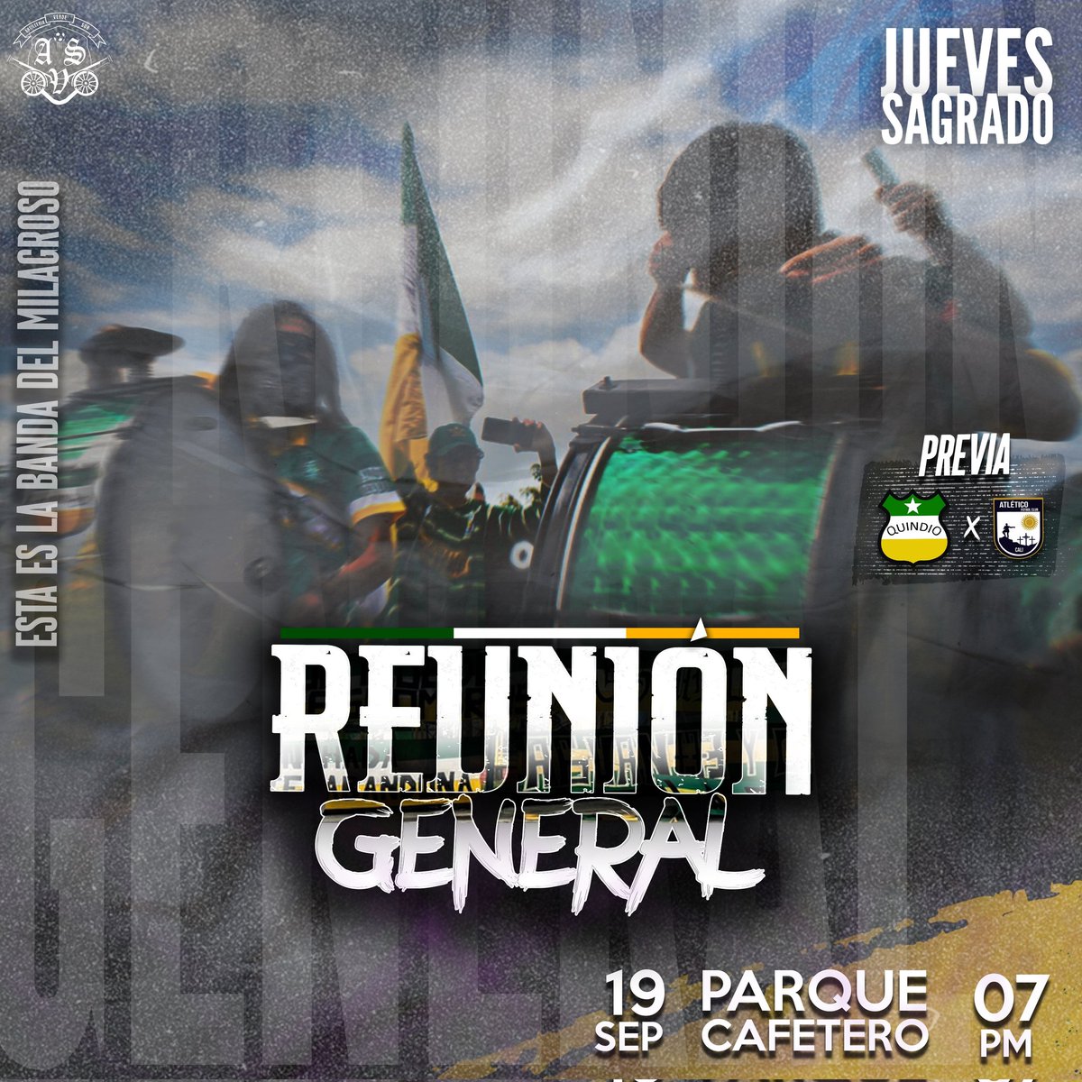 ¡JUEVES SAGRADO!🟢🟡

"La pasión que nos une como hermanos. Todos somos Quindío, y por eso es clave cuidarnos entre nosotros."

📅 Jueves 19 de Septiembre 
📌 Parque Cafetero
🕒 7:00PM

📝"Somos Armenia, somos aguante..."🎶

#ComunicacionesAVS
#ArtilleriaVerdeSur
