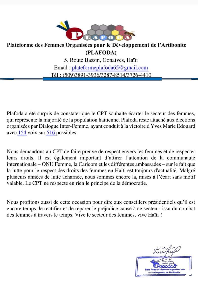 ENFOCHO's tweet photo. La Plateforme des Femmes Organisées Pour le Développement de l'Artibonite (PLAFODA) rejette la décision du CPT et du gvt Conille d'écarter le secteur des Femmes au CEP. #PLAFODA soutient Mme Yves Marie Édouard comme représentante des Femmes au sein du Conseil Électoral Provisoire https://t.co/AZfyvE5v8R