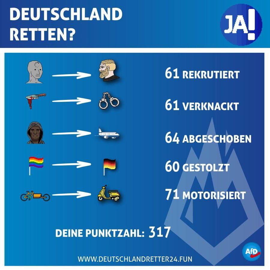 JETZT NOCHMAL RAN AN DIE BILDSCHIRME!

Bis jetzt wurde DeutschlandRetter24 schon auf gut 280.000 Endgeräten gespielt. DA MUSS MEHR GEHEN!

Spielt gleich nochmal, und teilt euren Score mit Freunden, Bekannten und Verwandten. 300k müssen drin sein!

deutschlandretter24.fun