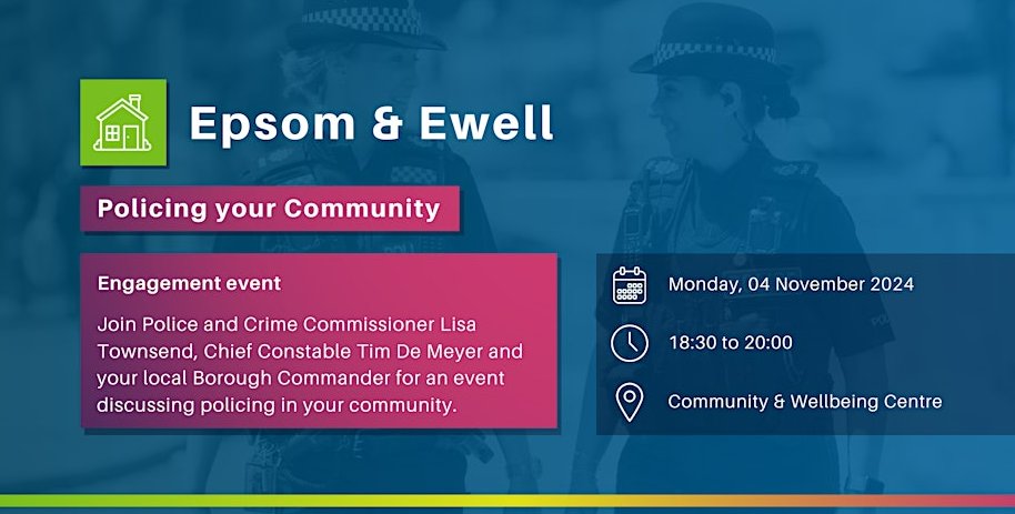 #EPSOM &amp; #EWELL #PolicingYourCommunity Event on Monday, 4th November 
Time: 18:30 - 20:00; Place: Community &amp; Wellbeing Centre, Epsom, KT19 9HG

Click the link to register your attendance &amp; have your say on the crime &amp; policing issues that affect you.

spkl.io/6182fHtd8
