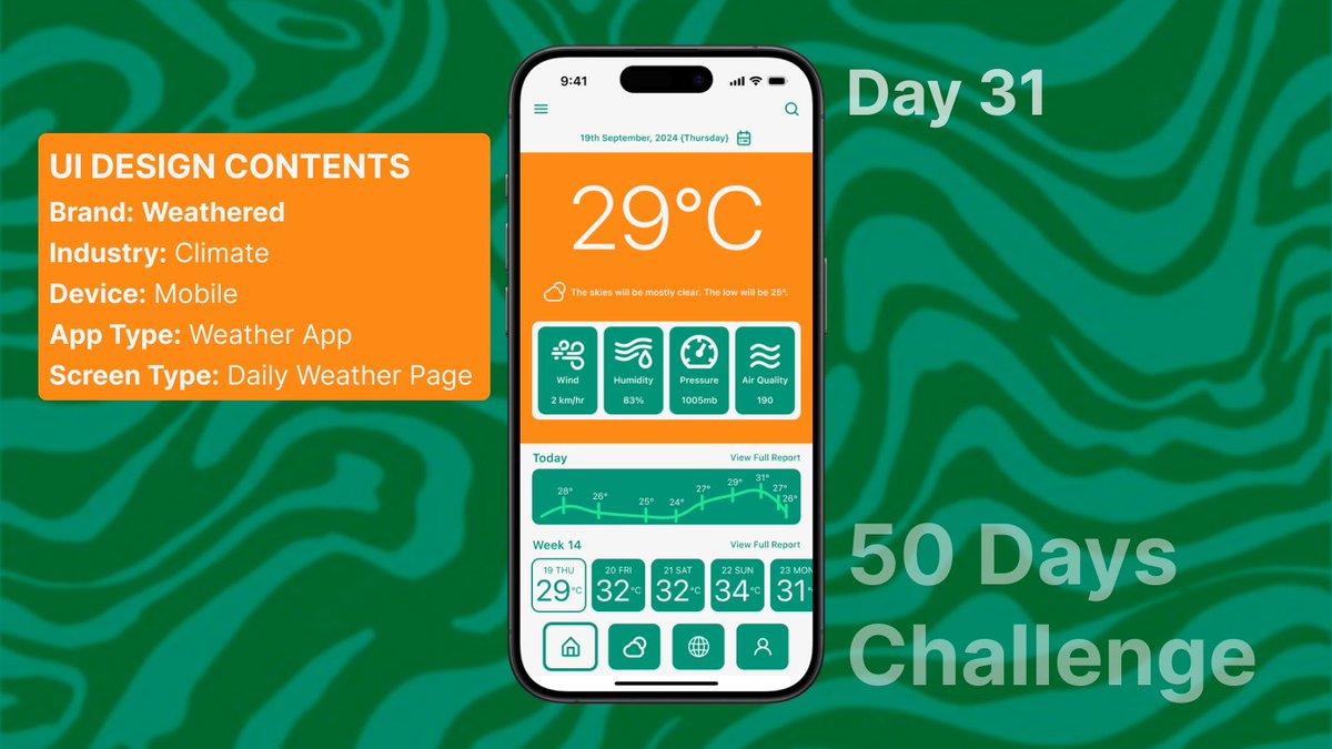 ashish1lexbaa's tweet image. Day 31 of my #50DaysUIChallenge! 🌦️ Designed a daily weather page for the &apos;Weathered&apos; app, focusing on clean UI and user-friendly details. #WeatherApp #ClimateTech #UIDesign #UXDesign #MobileAppDesign #AppDesign #WeatherUI #ClimateChange #DesignChallenge #DailyDesign