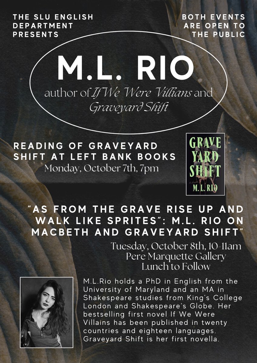 The SLU English dept is thrilled to announce M.L. Rio’s visit, which features events for students and events open to the public. She’ll be on campus Oct. 7 and 8, and she’ll be <a href="/LeftBankBooks/">Left Bank Books</a> as well! See the fliers for details. <a href="/slu_english/">SLU English Dept.</a> @SureAsMel <a href="/Flatironbooks/">Flatiron Books</a>
