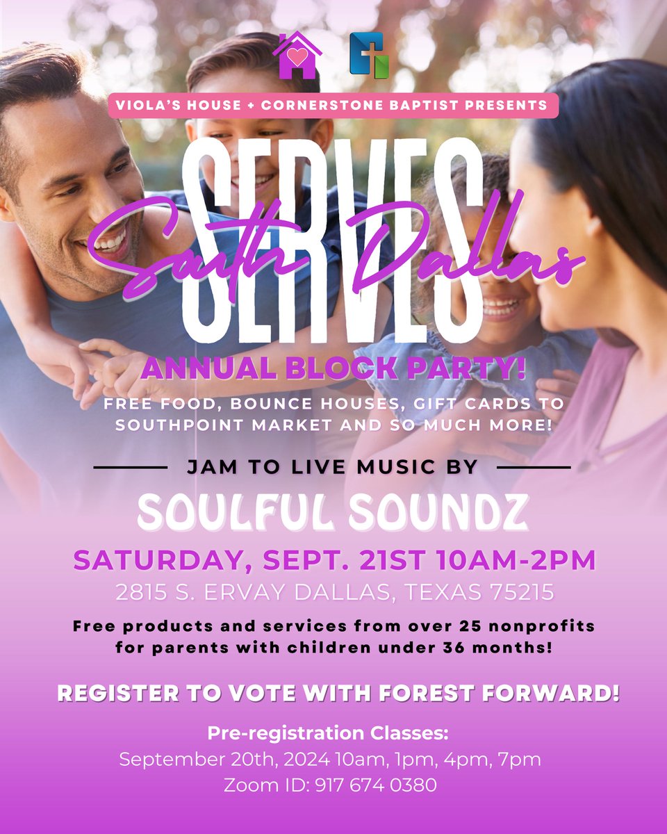 Join us for the South Dallas Annual Block Party! 🎉 Register to vote with Forest Forward and make your voice count while enjoying food, activities, and more 🗳️  Pre-registration classes on Sept. 20th at various times. You don’t want to miss this community celebration!  #vote