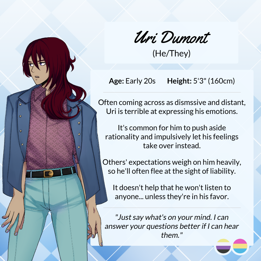 HarmonyFrontier's tweet image. Introducing... Uri Dumont! 🥂🎶

While not the most responsible, Uri makes up for it with diligence. As long as he has faith, he&apos;ll stick to it.

#SoPVN #characterintro #indiedev #vndev