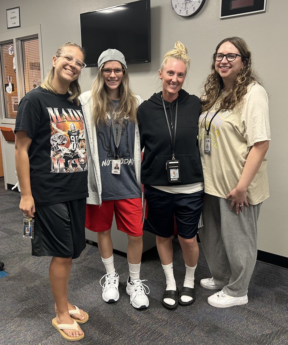 DMHSSUSD's tweet photo. Me. Martinez, Ms. Svitenko, Ms. Reilly, and Ms. Onofry dressed the “Adam Sandler” part today! #DMHS #spiritweek #Homecoming https://t.co/14YlcVm156