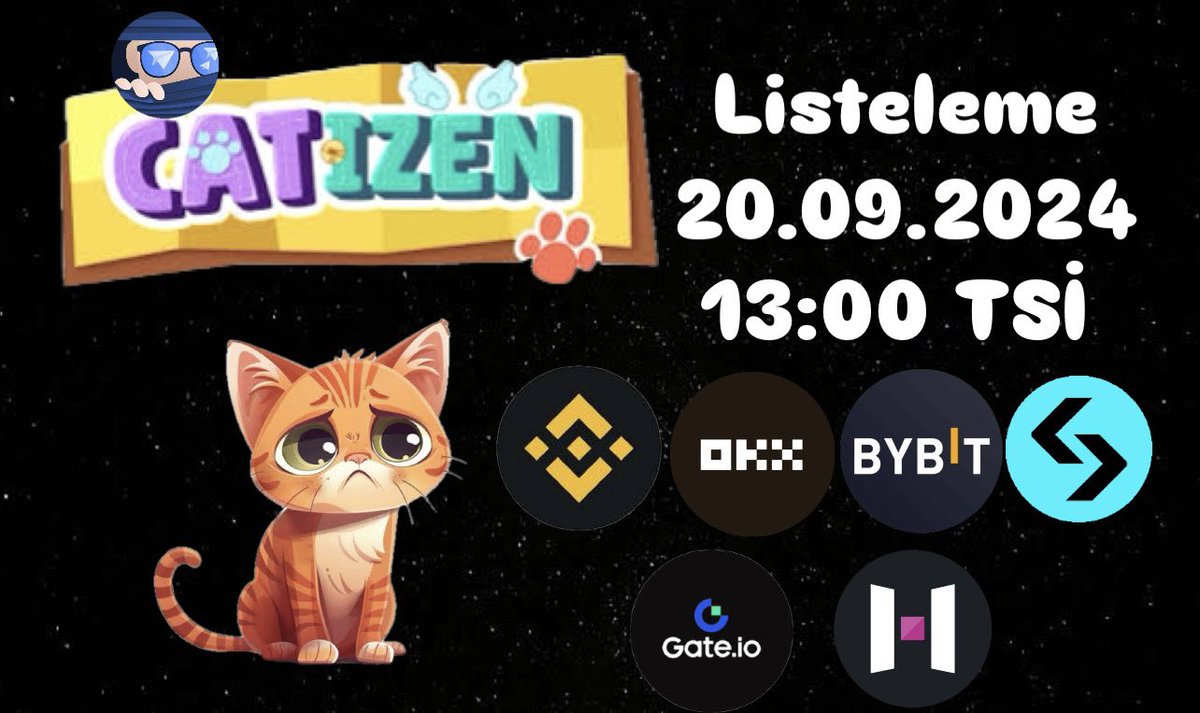 Söz verdiğimiz gibi #catizen in Binance listelemesi şerefine 4 kişiye 100 $cati verelim. 

Şartlar X  hesabımızı takip et. 
Telegram hesabımızı takip et.
t.me/TGAirdropTurki…

Bu postu RT &amp; Like ve yoruma 2 arkadaşınızı etiketleyin. 

Ayrıca 30$ lık bir etkinliğimiz var onada