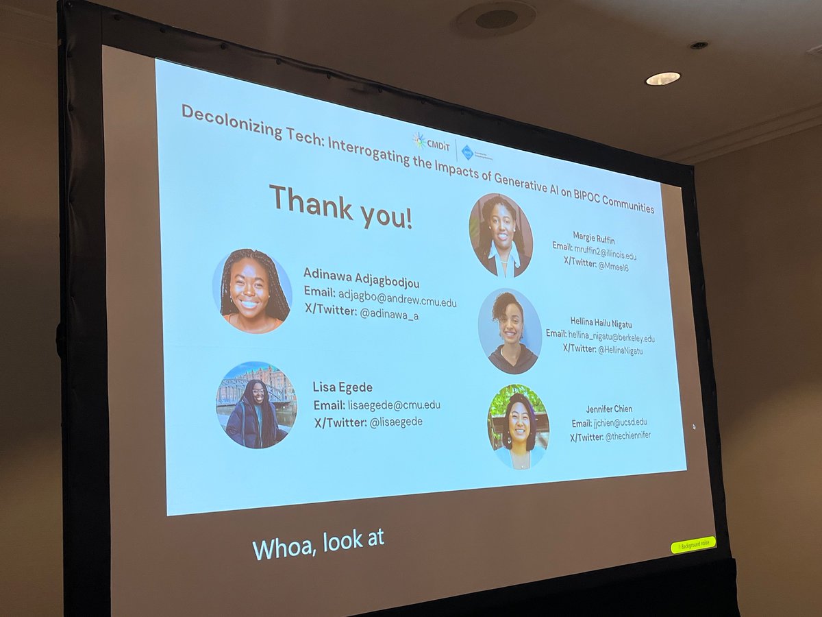 Connie W. Chau (@conniewchau) on Twitter photo Just attended this fantastic panel moderated by <a href="/lisaegede/">lisa</a> & <a href="/adinawa_a/">Adinawa</a> at #TAPIA2024 on decolonizing tech and the impacts, tensions, and futures of genAI on BIPOC communities š thank you to the panelists <a href="/Mmae16/">Margie Ruffin</a> <a href="/HellinaNigatu/">Hellina Hailu Nigatu</a> <a href="/thechiennifer/">Jennifer Chien (they/them)</a> for sharing their work & insights Just attended this fantastic panel moderated by <a href="/lisaegede/">lisa</a> & <a href="/adinawa_a/">Adinawa</a> at #TAPIA2024 on decolonizing tech and the impacts, tensions, and futures of genAI on BIPOC communities š thank you to the panelists <a href="/Mmae16/">Margie Ruffin</a> <a href="/HellinaNigatu/">Hellina Hailu Nigatu</a> <a href="/thechiennifer/">Jennifer Chien (they/them)</a> for sharing their work & insights