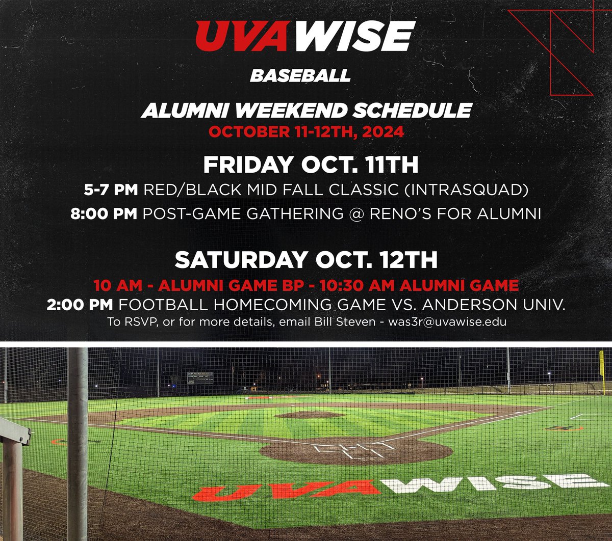 UVAWiseBaseball's tweet photo. 🚨 Our Alumni Game/Homecoming Weekend schedule has been finalized. The Alumni Game will be Saturday Oct. 12th at 10:30am. More info below ⬇️ https://t.co/inQeUn0KP8