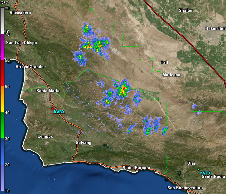NWSLosAngeles's tweet photo. Radar Update: Showers and storms have developed this afternoon over interior SLO &amp; Santa Barbara CO, and activity will continue to increase over the next few hours. Be on the lookout for hail &amp; heavy downpours if you are traveling through these active areas.  #socal #CArain https://t.co/TJuPsH2TR8