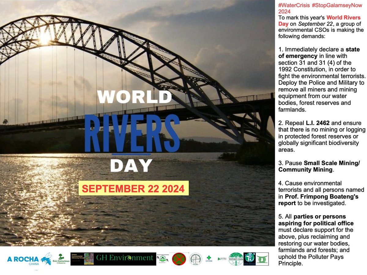 EcoConsciousGH's tweet photo. These are the demands of a group of environmental organisations.... #WorldRiversDay Sunday Sep. 22 - what's YOUR response?????????
🫧🚰🚿🚾🥤🌊 https://t.co/tbaXXhpM5Y
