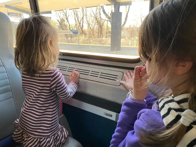 The neat thing about transit is that it's so safe that you don't need a special seat to strap your child in as if they're being shot into space. You can let them look out the window, eat snacks and run around. And they're SAFER than in a car. Cars are very, very bad for kids.