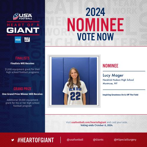 Hen Hud Sailors Football (@henhudsailorsfb) on Twitter photo Get out and vote for Lucy! She's been nominated as a #HeartOfGiant recipient by the <a href="/Giants/">New York Giants</a> <a href="/USAFootball/">USA Football</a> and <a href="/HSpecialSurgery/">Hospital for Special Surgery (HSS)</a>
Way to go Lucy! Get out and vote for Lucy! She's been nominated as a #HeartOfGiant recipient by the <a href="/Giants/">New York Giants</a> <a href="/USAFootball/">USA Football</a> and <a href="/HSpecialSurgery/">Hospital for Special Surgery (HSS)</a>
Way to go Lucy!