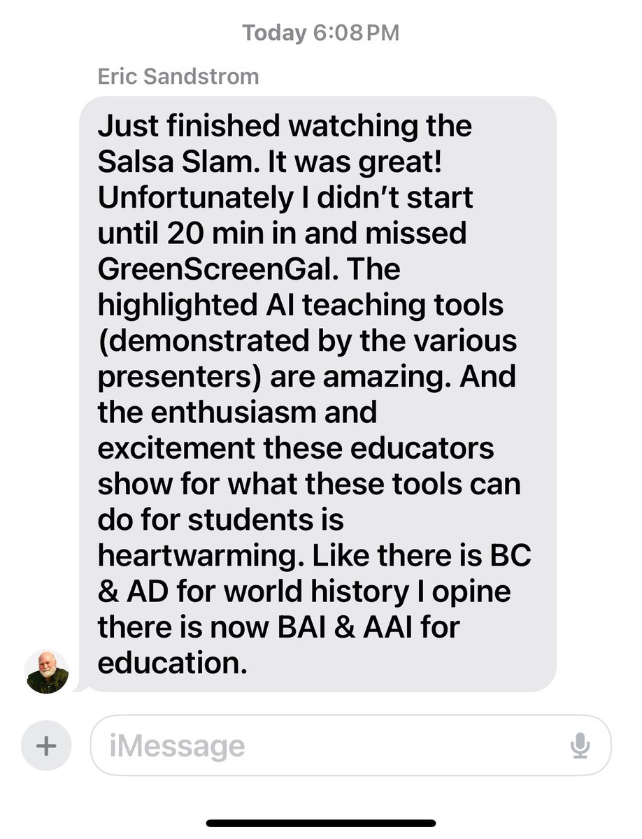 GreenScreenGal's tweet photo. Ok have to share... many of you know I'm a huge fan of my father #GreenScreenDad .. he just sent me this text about @mrshowell24 @baconedtech #SalsaSlam and with an 85-year-old said about all of us in #EDU and #AI in Education! By the way I'm named after him "Eric" πππ https://t.co/hEAv8mawip