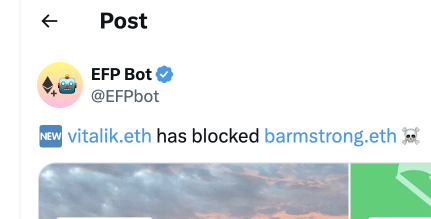 BrantlyMillegan's tweet photo. BOUNTY: EFP Twitter Bot
- Up to $1000 USDC (Ethereum L1)
- Get a special POAP
- This bounty can be claimed by up to 2 implementations
- Would be amazing if someone got this working before we launched (in just a few days) 🏃‍♂️💨

Request: Build, maintain, and run an open source bot that tweets every time a noteworthy account creates a list on @efp, or follows, tags, unfollows, blocks/mutes, etc another noteworthy account on EFP. You could also tweet out major moves on the leaderboard, etc

Open Source: All code must be open source on Github with an MIT License (if you stop running the bot, we want someone else to do it)

"Noteworthy account": This is obviously somewhat subjective. The point is it would not be useful to tweet every time any account followed any other account, but just when it's someone interesting. E.g., tweet if vitalik.eth blocks barmstrong.eth.

DM me and I can help you start to build your list of "noteworthy accounts" to listen for, but ultimately you can tweak it however you want to make it most valuable.

How to build it: Check our docs (docs dot ethfollow dot xyz) to learn how EFP works and our public API. Feel free to ask questions about them in our Discord. You can use our API, or listen onchain directly, it's up to you.

I have an idea of one way to build this (DM me), but you probably have a better idea.

How to claim:
- Bot must be working on Twitter
- All code must be open source on Github under an MIT License

If both of the above are true, then DM me or email me at brantly at ethfollow dot xyz and I'll evaluate (prizes awarded solely at my own discretion)