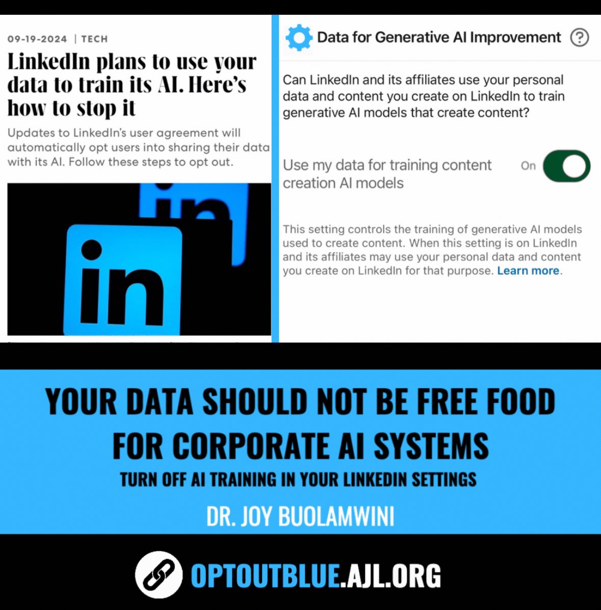 📣 PSA : Your personal data should not be free food for training corporate AI systems.

You have until Nov 20 to opt out of having your PERSONAL DATA  used as training data for LinkedIn's AI systems. 

Here is the opt out link: optoutblue.ajl.org