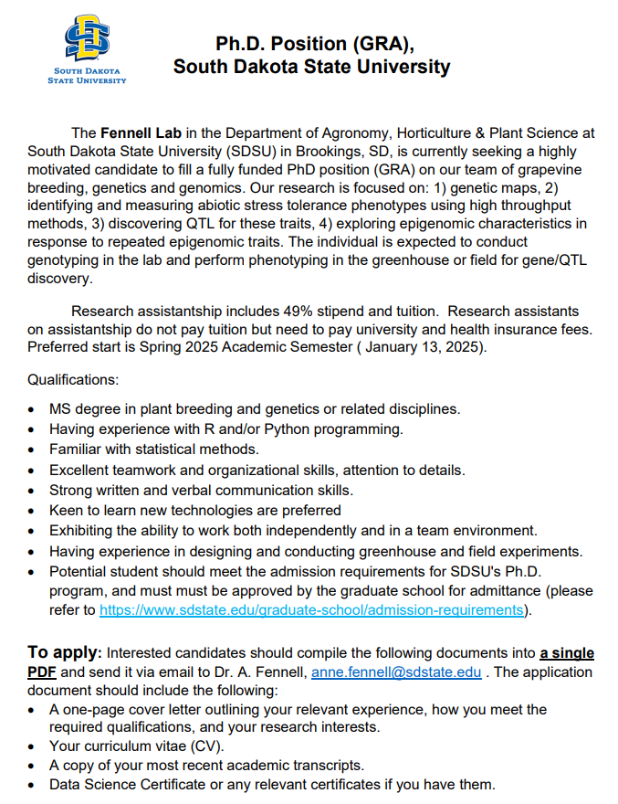 Interested in pursuing a PhD in quantitative genetics and plant breeding? Dr. Fennell at <a href="/SDState/">South Dakota State University</a>  is looking for a motivated student! Reach out with your application materials as outlined in the advertisement.