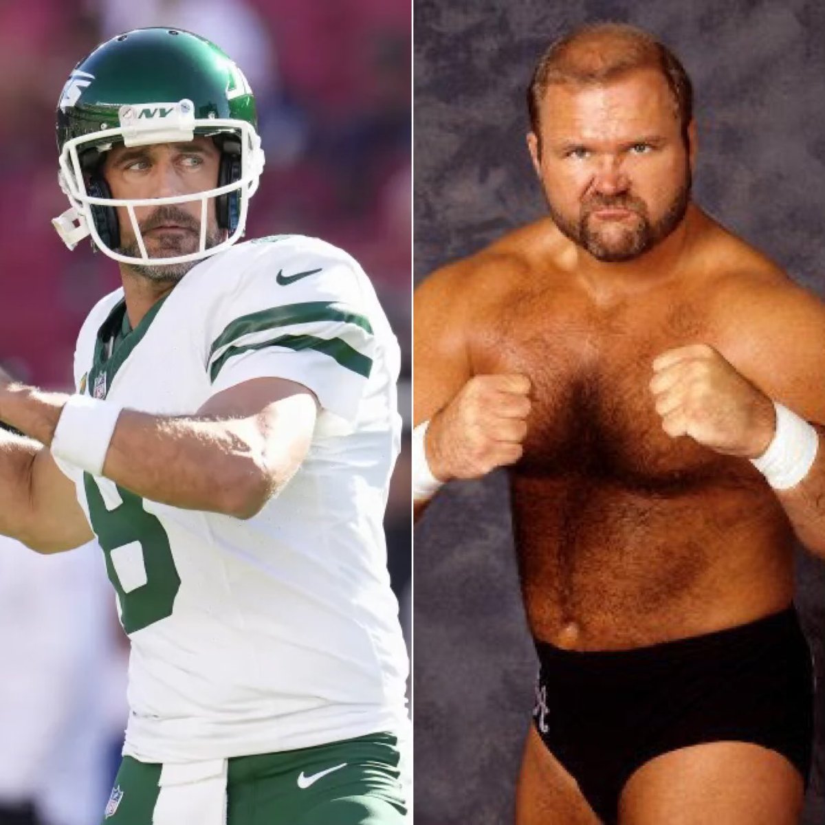 .<a href="/AaronRodgers12/">Aaron Rodgers</a>, Tonight You Have To Become The Bad Man That You Are! Tonight You Need To Be As Tough As My Friend The Enforcer AA! Spine Buster DDT Every Patriot In Sight! You Are The Baddest Man On The Planet &amp; I’m Your Biggest Fan! LFG <a href="/nyjets/">New York Jets</a>! WOOOOO!