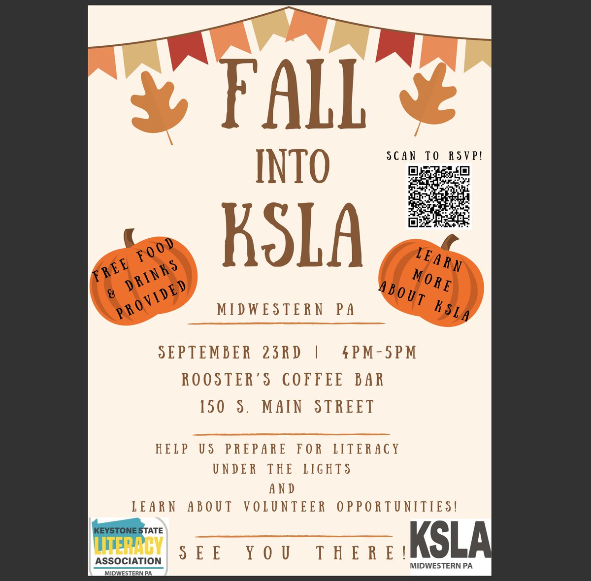 Don't forget to RSVP to our Fall Into KSLA event using the updated QR code on this flyer! Hope to see you Monday!