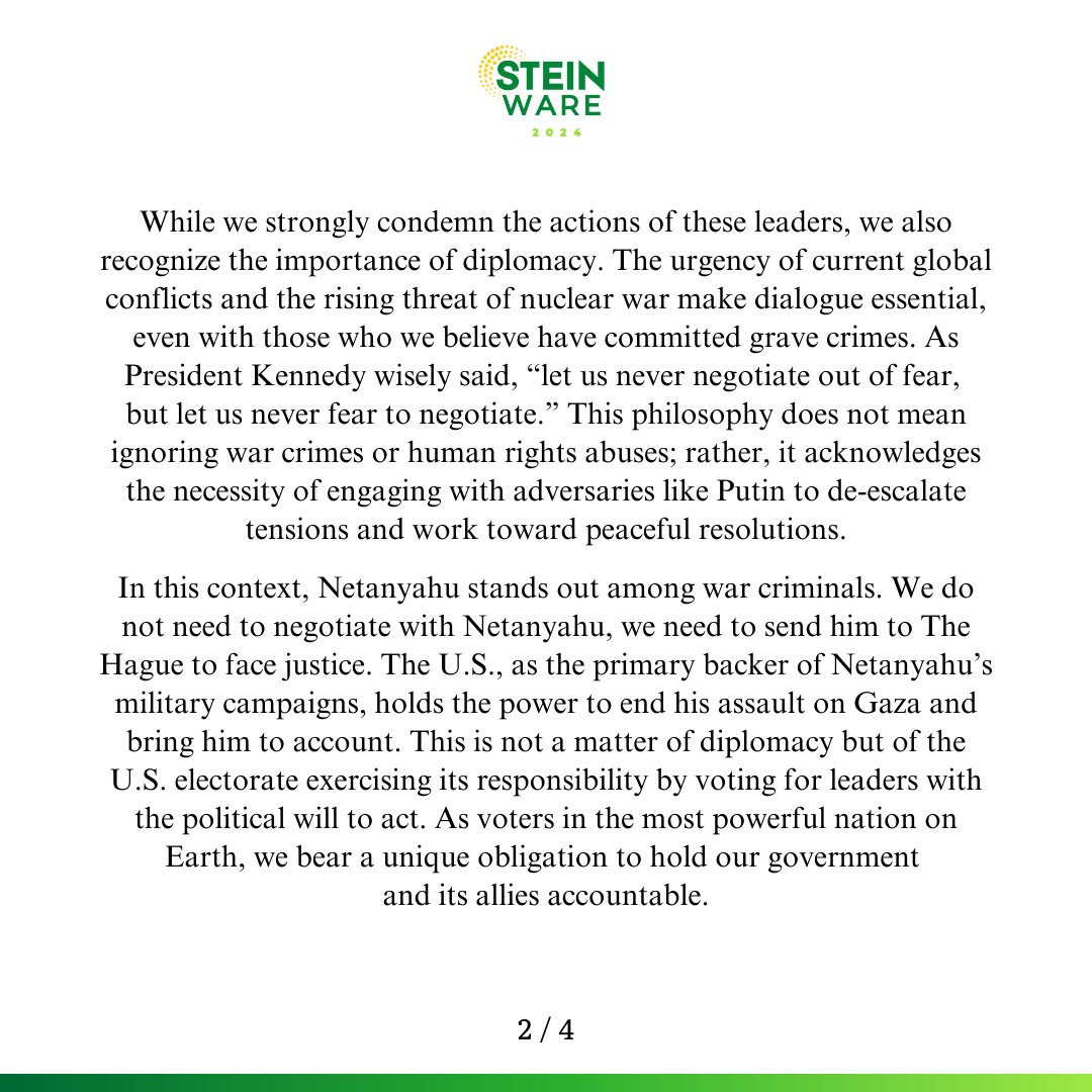 DrJillStein's tweet image. We condemn all war criminals including Benjamin Netanyahu, Vladimir Putin, Bashar al-Assad, Joe Biden, Kamala Harris, Donald Trump, Barack Obama, Hillary Clinton, George W. Bush, Dick Cheney &amp;amp; many more.
We also recognize the urgent need for diplomacy to prevent WWIII.
Statement: