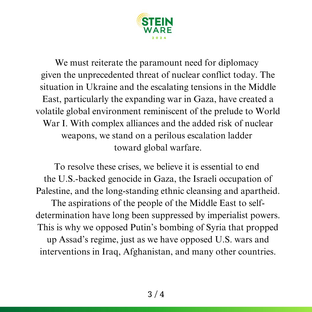 DrJillStein's tweet image. We condemn all war criminals including Benjamin Netanyahu, Vladimir Putin, Bashar al-Assad, Joe Biden, Kamala Harris, Donald Trump, Barack Obama, Hillary Clinton, George W. Bush, Dick Cheney &amp;amp; many more.
We also recognize the urgent need for diplomacy to prevent WWIII.
Statement: