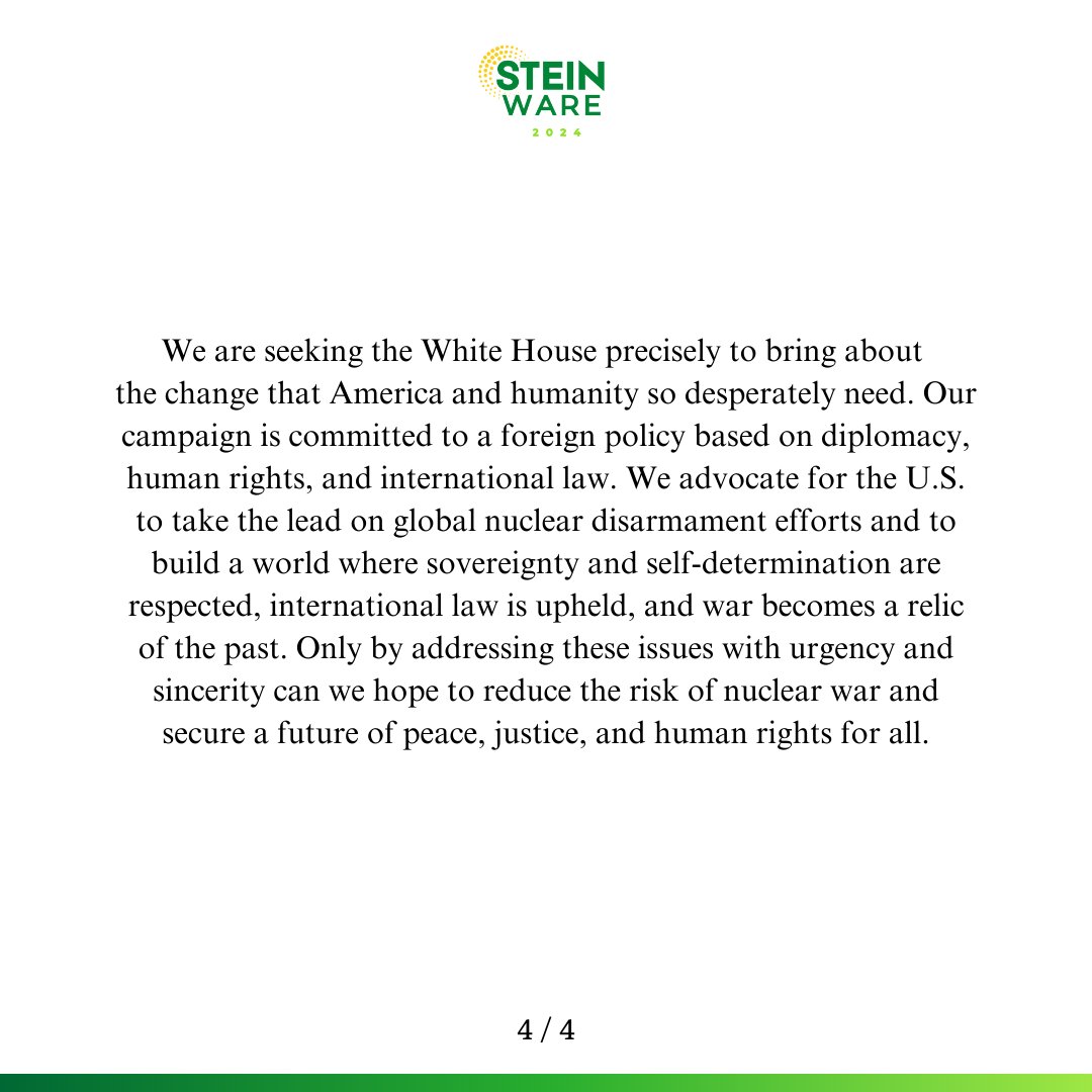DrJillStein's tweet image. We condemn all war criminals including Benjamin Netanyahu, Vladimir Putin, Bashar al-Assad, Joe Biden, Kamala Harris, Donald Trump, Barack Obama, Hillary Clinton, George W. Bush, Dick Cheney &amp;amp; many more.
We also recognize the urgent need for diplomacy to prevent WWIII.
Statement: