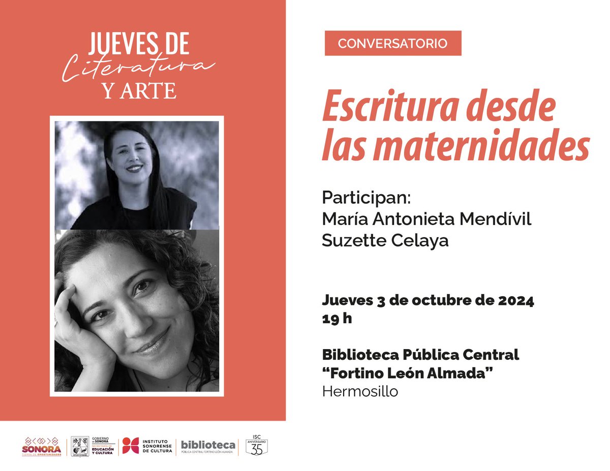 Hola, Hermosillo! Pronto estaré por allá y tendré oportunidad de charlar con <a href="/LaSuzette/">Suzette</a> sobre la escritura desde las
maternidades en jueves de literatura y arte que el <a href="/ISCsonora/">ISC</a> organiza en la Biblioteca Pública Central. Pasen la voz porque hay mucho que hablar!