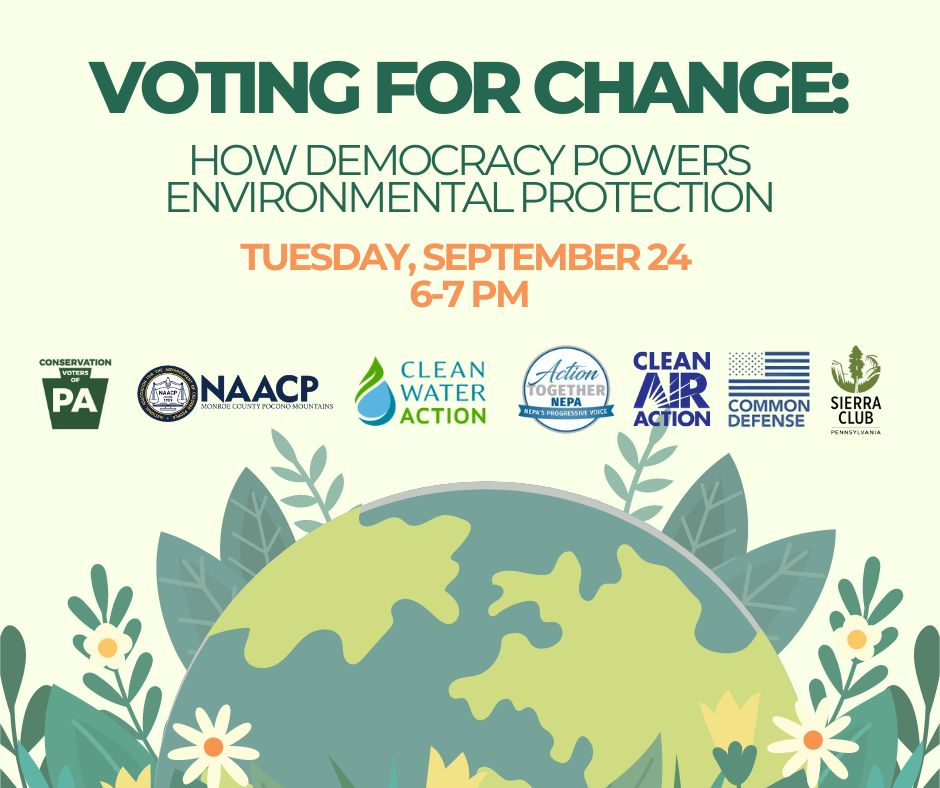 CleanAirAction's tweet photo. 🔍 Curious how your vote helps the environment? Join us on 9/24 at 6pm to learn how voting for democracy protection &amp; voter’s rights helps our environment! Register: https://t.co/oLcNxsEJlh 

@ConservationPA @PoconoNAACP @cleanH2Opa @acttogethernepa @commondefense @SierraClubPA https://t.co/DUBMXZOOS8
