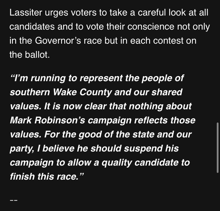Michael Hyland (@michaelwncn) on Twitter photo INBOX: Republican state Senate candidate Scott Lassiter is calling on <a href="/markrobinsonNC/">Mark Robinson</a> to suspend his campaign #ncpol #ncga <a href="/WNCN/">CBS 17</a> <a href="/Queen_City_News/">Queen City News</a> <a href="/wnct9/">WNCT</a> <a href="/myfox8/">FOX8 WGHP</a> INBOX: Republican state Senate candidate Scott Lassiter is calling on <a href="/markrobinsonNC/">Mark Robinson</a> to suspend his campaign #ncpol #ncga <a href="/WNCN/">CBS 17</a> <a href="/Queen_City_News/">Queen City News</a> <a href="/wnct9/">WNCT</a> <a href="/myfox8/">FOX8 WGHP</a>