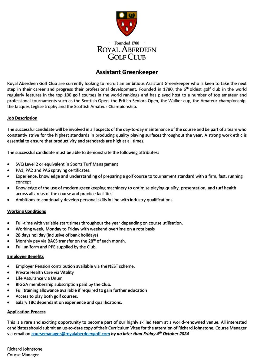 We are looking for an enthusiastic Assistant Greenkeeper to join our highly skilled team at Royal Aberdeen Golf Club.

Please get in touch for more details⛳️