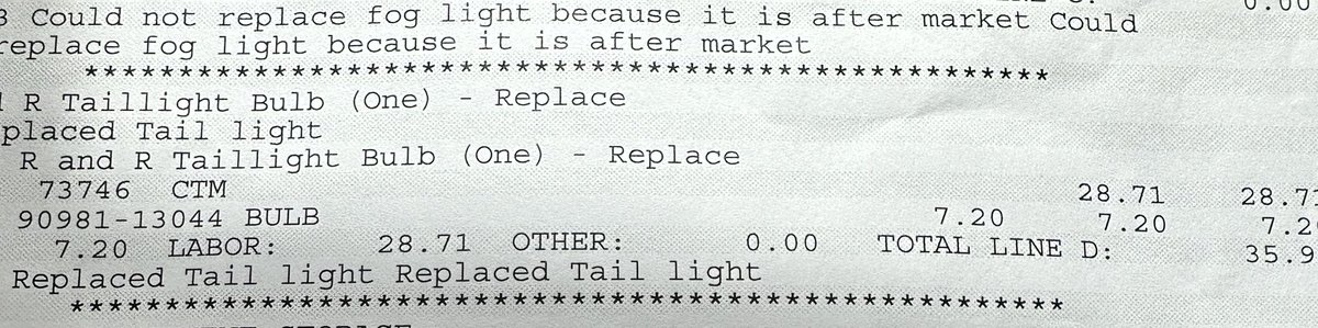 ryankeefer's tweet photo. Just got an oil change and a bulb replaced at the local Toyota dealership. They charged $2.06 for “electronic document storage.” Need to introduce them to AWS. They could store GBs for less than that. https://t.co/HoQNvWX0XE