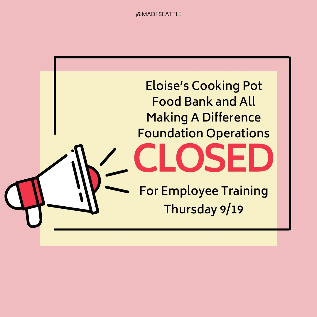 Due to an employee training, all MADF operations including the food bank will be closed today. Regular service will resume tomorrow 10am-4pm