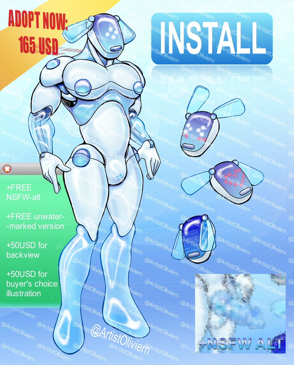 ArtistOliviern's tweet photo. ADOPT SALE: This RoboPup is ready to serve! With a love of music and dance (And a handful of "attachments") he's sure to keep you entertained~ Comes with an HD copy, NSFW alt, and the option for upgrades~ 
Handling sales thru DMs/P@yP@l
Customization options are negotiable
165USD https://t.co/ivAzdKTNwJ