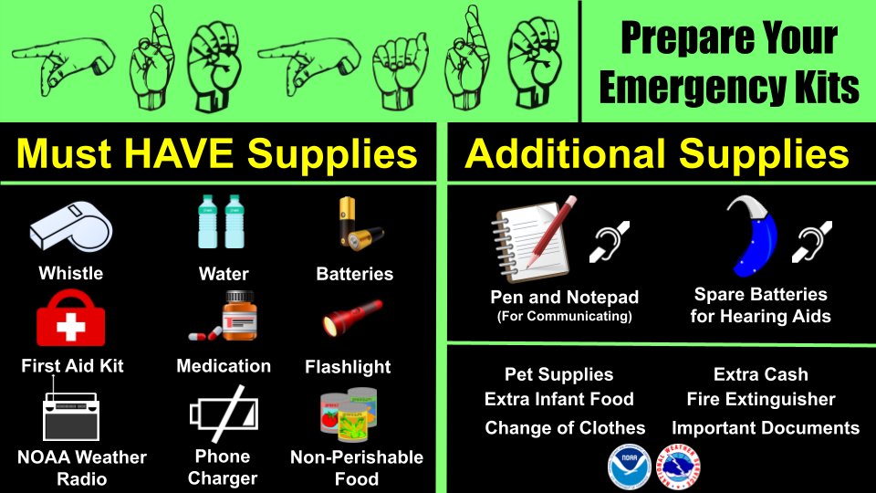 NWSHuntsville's tweet image. Today's #DeafAwarenessWeek Topic: Emergency Kits

Your kit should be personalized to fit YOUR needs.
During #DeafAwarenessMonth &amp;amp;  #IWDeaf, update your kit to include ways to communicate after a weather emergency.
➡️ Share w/ us what else you will include in your kit!
#HUNwx