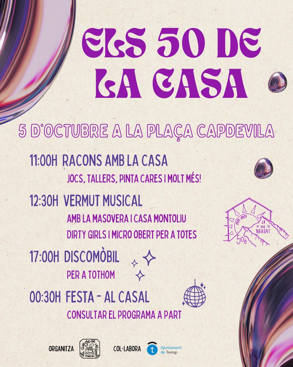 🎂LA CASA EN FA 50🎂 Estem molt emocionades d’anunciar-vos això🤩
🗓️Ja podeu guardar-vos, el 5 d’octubre, la farem ben grossa!! Tot el dia, i la nit😏(properament més informació), ple d’activitats per a totes, perquè La Casa és de i per a tothom🫶🏼 Us hi esperem🥰 #50amblacasa
