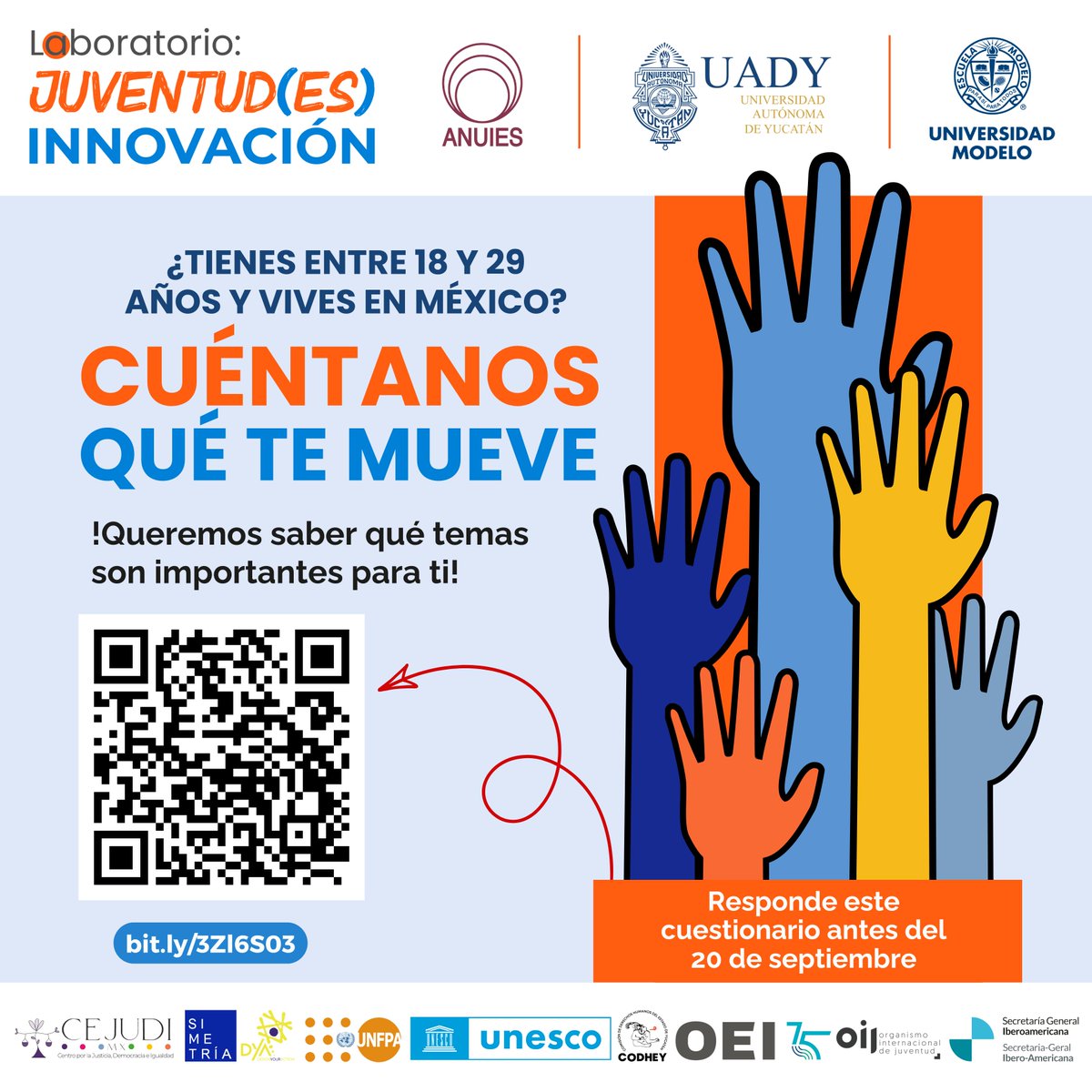 cejudimx's tweet photo. Si tienes entre 18 y 29 años y vives en México 🇲🇽, queremos saber qué temas son importantes para ti 🫵✨
¡Este es tu momento de hacerte escuchar! 🗣️💬 💡📋
🔗 Llena el formulario antes del 20 de septiembre y cuéntanos qué te mueve 💪.
📲 Enlace: https://t.co/ss1wloaKEm https://t.co/p2tg3n9ktI