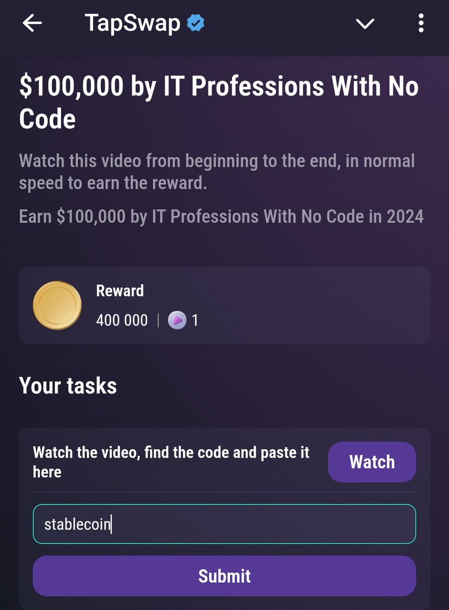 mudassir2123's tweet photo. TapSwap Cinema Codes

📹 - $100000 For IT Professions With no Code
✅ Code - stablecoin

📹 - 10 Best Freelancing Platforms
✅ Code - spyware

📹 - How a Coupl.. | Part 1 &amp; Part 2 
✅ No code - Just Claim
#tapswap #tapswapcodes #cinemacodes #youtubecodes #TapSwapCode https://t.co/GaBA62NfWz