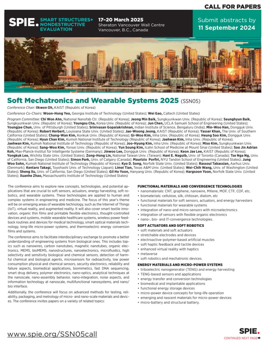 You're invited to submit your abstract for the <a href="/SPIEtweets/">SPIE</a> Soft Mechatronics and Wearable Systems 2025 conference! Abstract submissions are open until September 30th—don’t miss the deadline!
spie.org/SS25/conferenc…