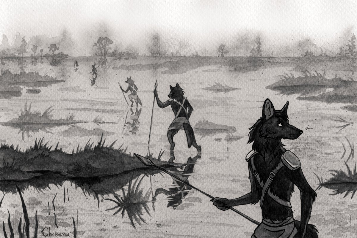 chickenzaur's tweet photo. Crossing the swamp. 
Monochrome watercolor illustration for ~Clostridium https://t.co/YZAL3AX7LC