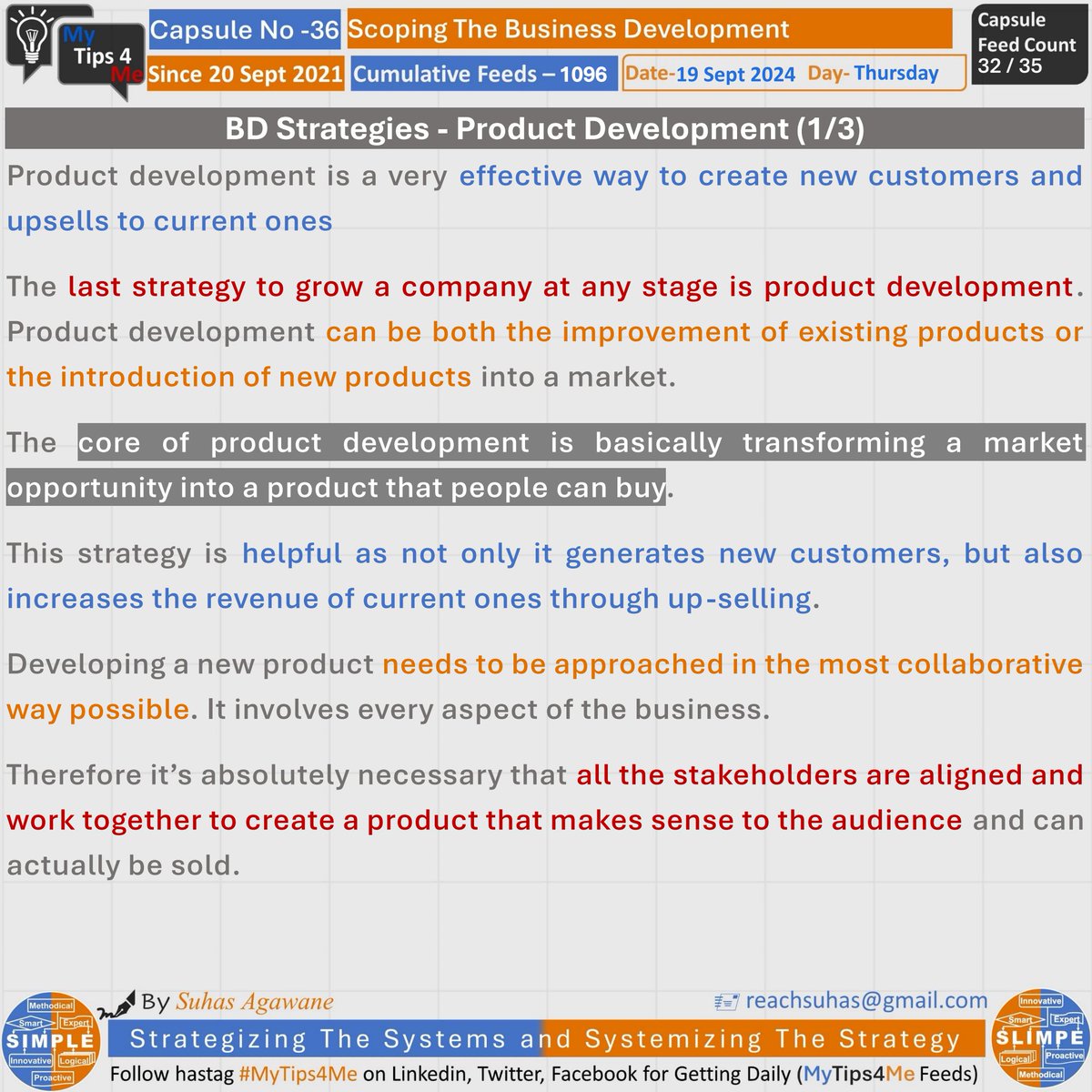 SuhasAgawane's tweet photo. BD Strategies - Product Development (1/3)

#Thursday Feed 1096 (32/n) From Morning Yo Tips For Managerial Excellence #MyTips4Me capsule - 36 'Scoping The Business Development'

#Quote #GoodMorning #Startup #Management #System #Entrepreneur #Sales #Marketing #Businessdevelopment https://t.co/C2rxBKCkDS