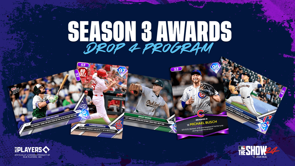 MLBTheShow's tweet photo. Season 3 Awards Drop 4 arrives tomorrow in #MLBTheShow 24!

💎🏆 Michael Busch
💎 Brady Basso
💎 Joey Cantillo
💎 Sam Hilliard
💎 Thomas Saggese

#MLBTheShow https://t.co/JdAfXHGMzK