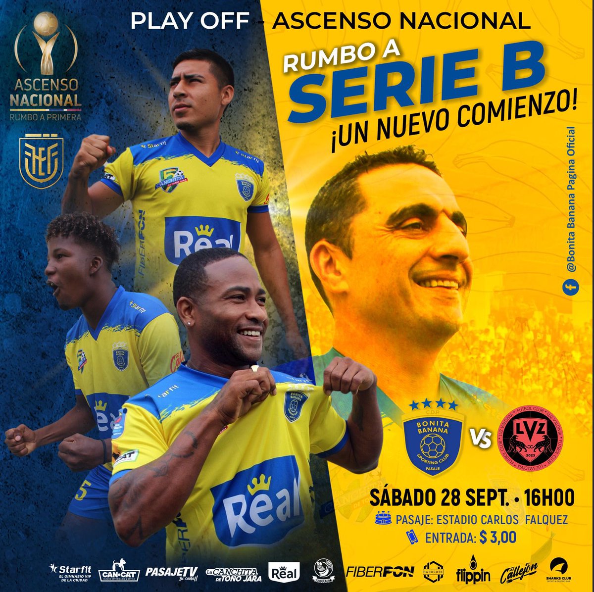 𝐓𝐎𝐃𝐎 𝐏𝐀𝐒𝐀𝐉𝐄 𝐄𝐒… 𝐁𝐎𝐍𝐈𝐓𝐀 𝐁𝐀𝐍𝐀𝐍𝐀 💛💙💛

Estamos listos para el 𝑨𝑺𝑪𝑬𝑵𝑺𝑶 𝑵𝑨𝑪𝑰𝑶𝑵𝑨𝑳. 💪🏼⚽️

📅 Sábado 28 de septiembre 
🕓 16H00
🏟️ Estadio Carlos Falquez Batallas
🎟️ $3

¡Un nuevo comienzo! #BonitaBananaSC #RumboASerieB 💛💙💛