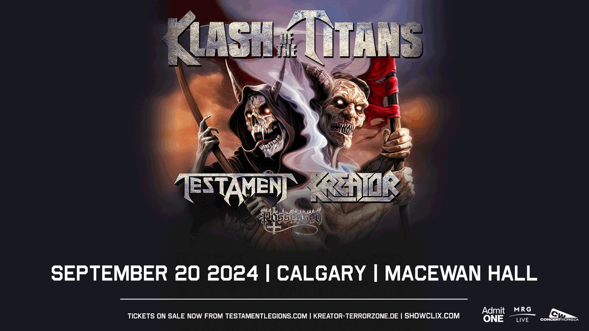 macewanhall's tweet photo. Live tonight at MacEwan Hall, @testament & @kreator, with special guest @JeffBecerra
Set Times (Sub. to Chng.):
6:00pm Doors
6:50pm Possessed
7:55pm Kreator
9:40pm Testament
Limited tix available at door/online: https://t.co/RGyMAZUoU9
#klashofthetitans #yycmetal #machall https://t.co/Vzi7BoL6p4